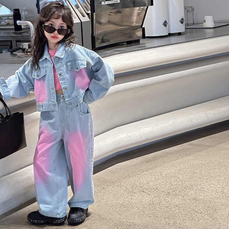 女童小香风套装2026春装中大童多巴胺外套阔腿裤两件套牛仔套装潮