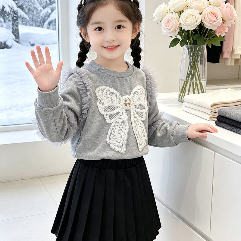 高质量儿童卫衣2026秋季新款女童蝴蝶结圆领长袖上衣女宝休闲秋装