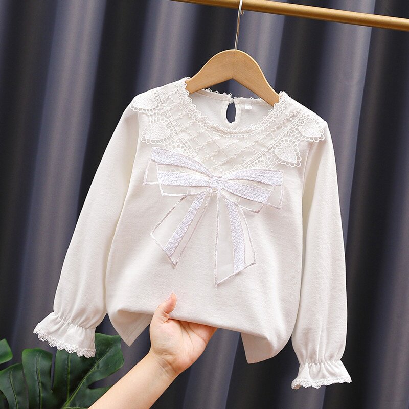 女童长袖t恤春秋装洋气百搭上衣儿童圆领休闲宝宝白色打底衫薄款