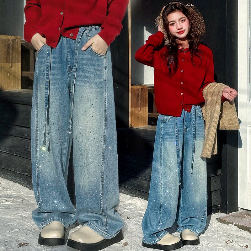 女童烫钻牛仔裤2026年春秋新款中大童休闲阔腿裤浅色学生直筒长裤