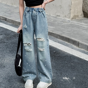 女童2025春夏季中大童新款儿童韩版破洞烫钻牛仔阔腿裤潮酷童裤夏