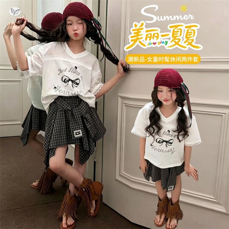 女童2026夏季新款韩版印花V领短袖蝴蝶结八角裙套装女孩格子短裙