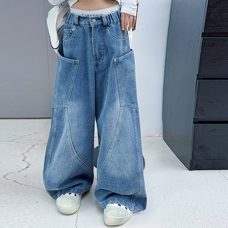 女童工装牛仔裤2026新款韩版裤子高腰秋款休闲宽松直筒女孩阔腿裤