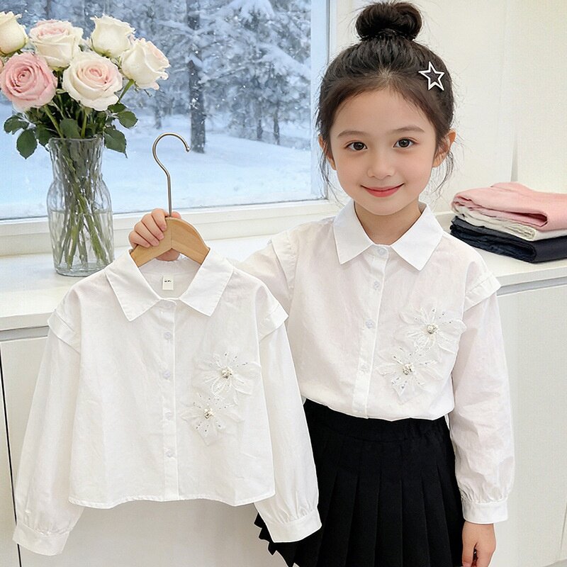 高档全棉女童春款衬衫儿童长袖白色百搭校服衬衣上衣中大童衣服