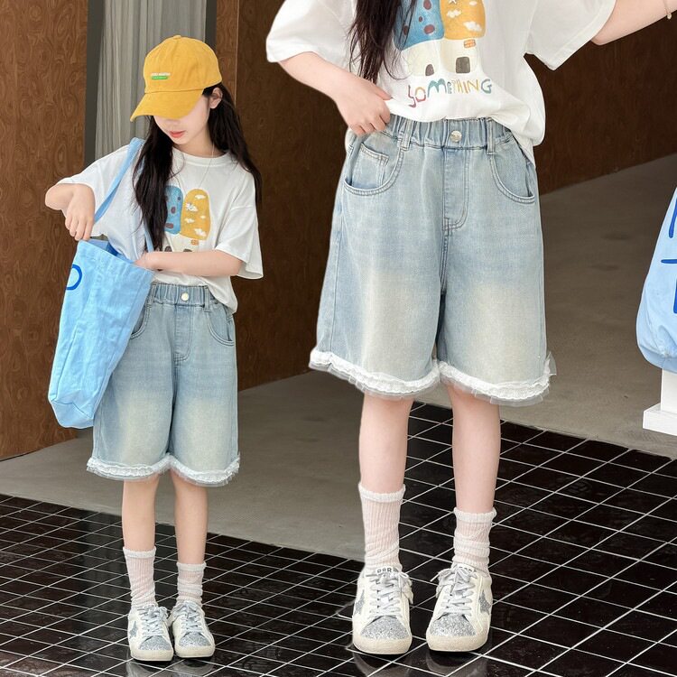 女童2026年夏季新款花边牛仔短裤中大童韩版宽松大裤腿五分裤