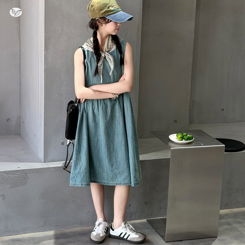 女童丝巾牛仔裙2026夏季新款中大童韩系无袖连衣裙背心裙夏天裙子