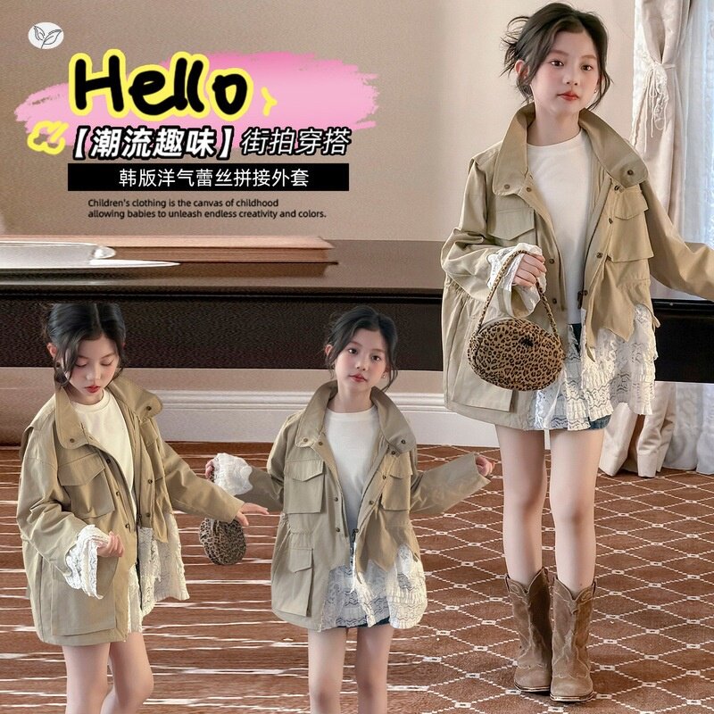 韩系风衣女童2026春季新款中大童蕾丝拼接外套洋气短款夹克衫春装