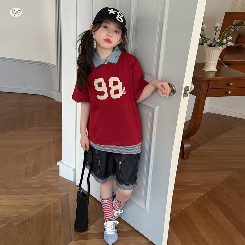 女童2026年夏季新款翻领短袖T恤套装中大童韩版牛仔中裤POLO衫潮