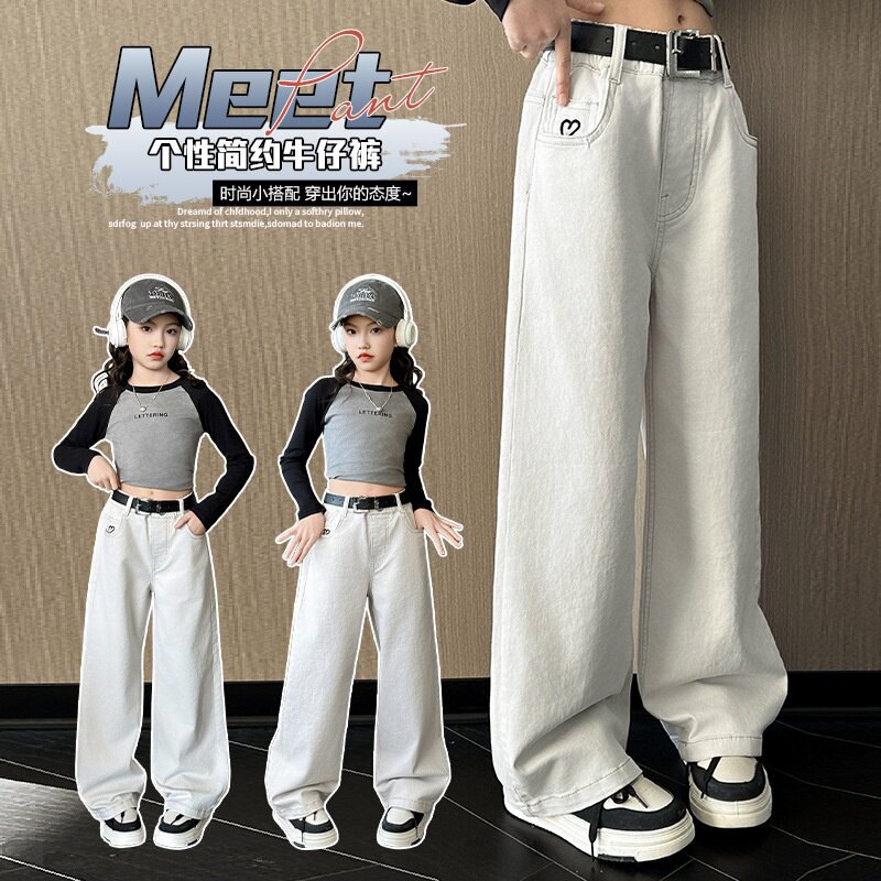 女童裤子白色2026春装新款中大儿童春季裤子新中式女孩牛仔阔腿裤