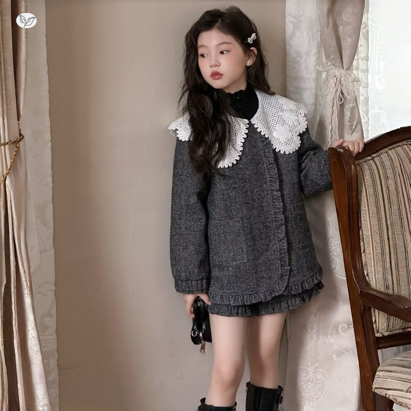 女童夹棉套装2026年秋冬新款中大童娃娃衫外套短裤两件套韩范冬装