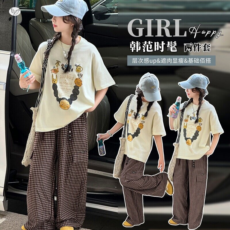 女童卡通T恤格子裤套装2026夏季新款中大童可爱短袖上衣工装长裤