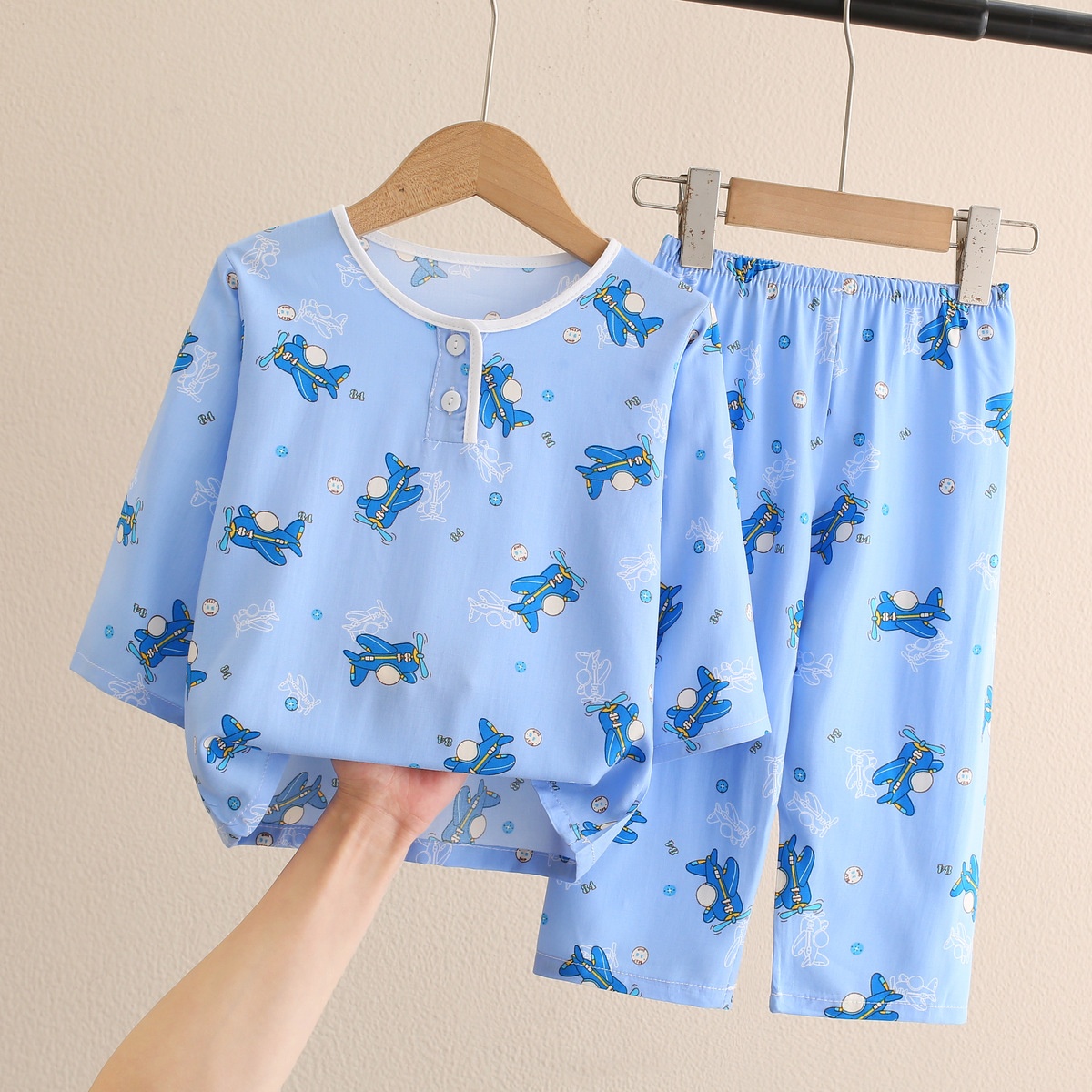 儿童睡衣夏季绵绸两件套男女童家居服套装排汗透气棉绸空调服套装