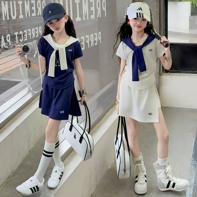 女童运动风披肩套装2026夏季新款字母短袖半身短裙两件套中大童潮