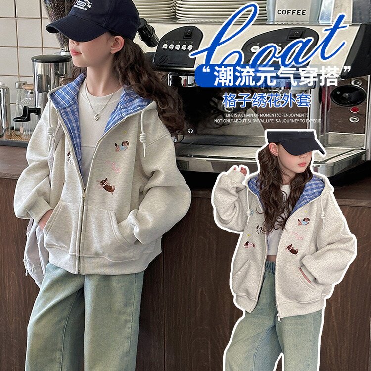 女童卫衣外套秋款2026年韩版中大童女孩开衫连帽衣服儿童灰色上衣