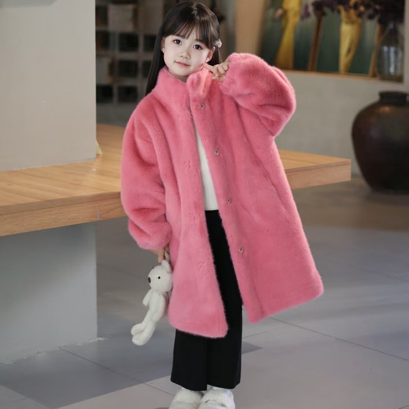 儿童皮毛一体大衣2025冬季新款女童仿水貂皮草外套中长款加厚保暖