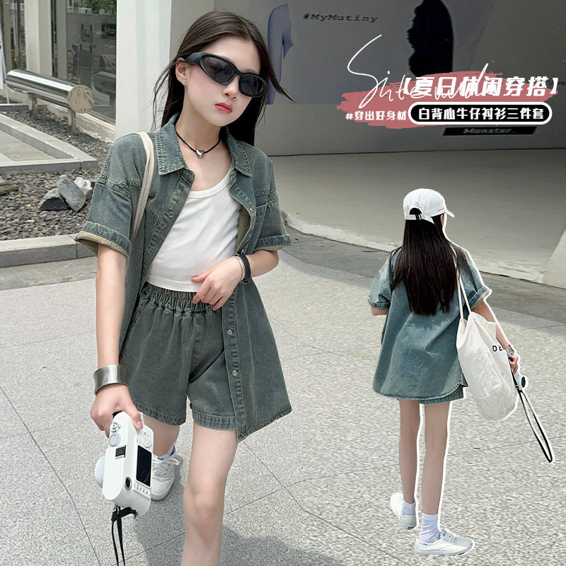女童2026夏季新款薄款做旧牛仔短袖短裤套装中大童牛仔衬衫两件套