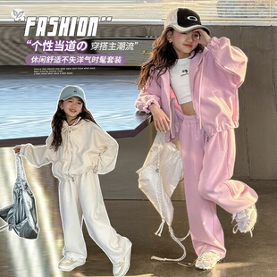 女童运动套装2026新款春装中大儿童装针织连帽卫衣外套休闲阔腿裤