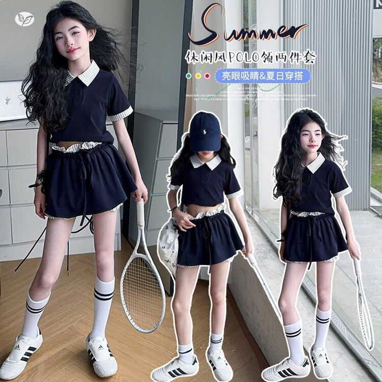 女童夏装运动风2026新款条纹拼接polo衫裙裤套装中大童假两件T恤
