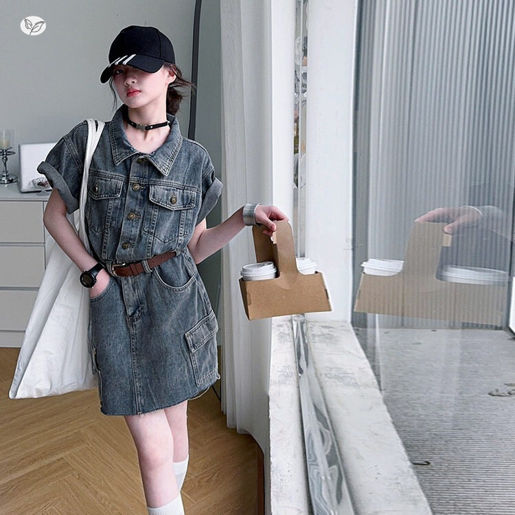 女童美式复古工装连衣裙2026夏款中大童连体牛仔裙T恤裙时髦裙子
