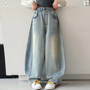 学生长裤 女童2026春季 显瘦潮流直筒裤 中大童阔腿裤 新款 毛边牛仔裤