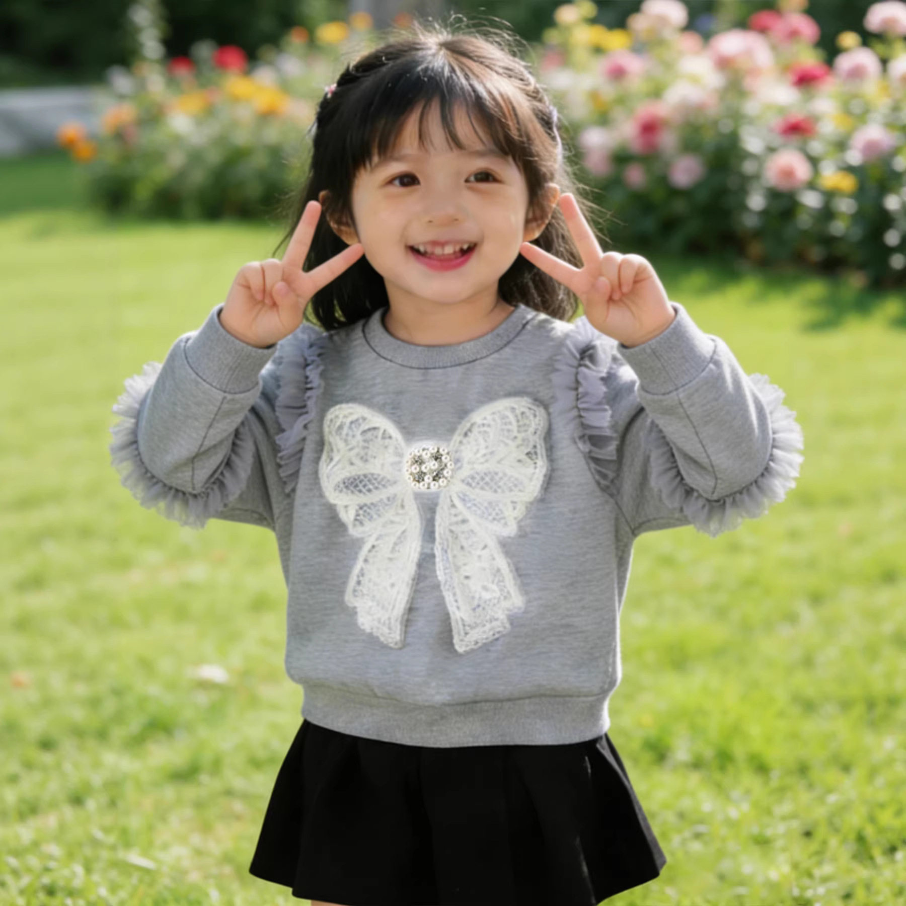 2026新款女童卫衣春秋装洋气潮流时髦圆领T儿童蝴蝶结花边袖上衣8