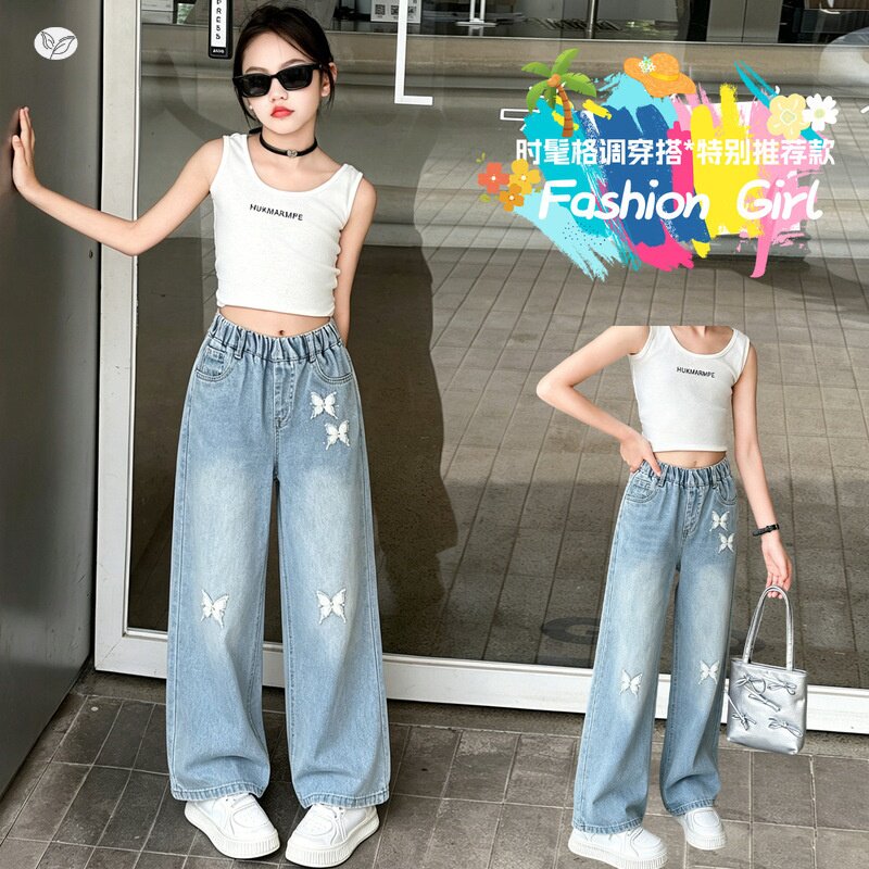 女童蝴蝶牛仔裤2026夏季新款中大童窄版阔腿裤直筒裤显瘦长裤轻薄