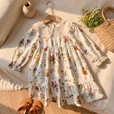 女童连衣裙Girls' Floral Dress2026秋款韩版童装花边领甜美长袖