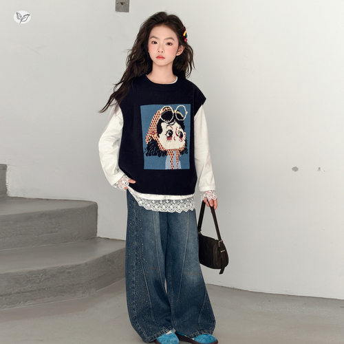 女童毛线马甲套装2026春新款卡通女孩背心烫钻牛仔裤三件套中大童