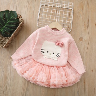 儿童毛衣套装冬季女童加厚内搭卡通小猫打底女童针织衫加绒tutu裙