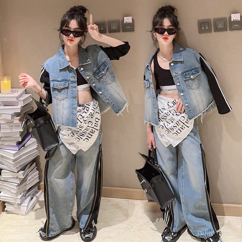 女童牛仔套装春装2026年新款洋气牛仔撞色外套休闲拼接阔腿牛仔裤