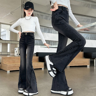 女童喇叭裤春秋款2026新款儿童高腰牛仔裤大童黑色休闲微喇长裤子