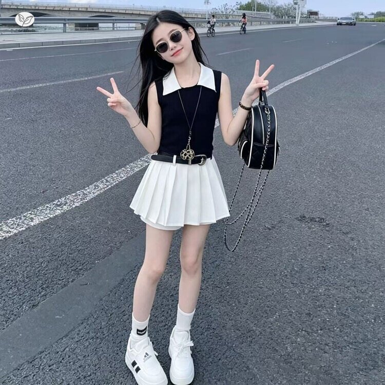 女童2026夏季新款无袖上衣百褶裙套装女孩潮酷修身POLO领背心短裙