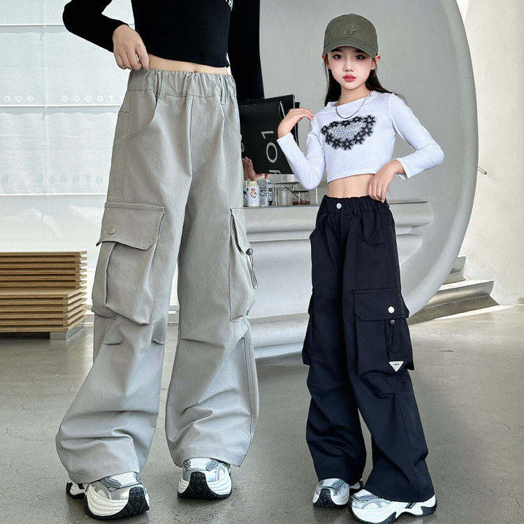 女童纯色裤子2026春秋新款中大儿童直筒时髦工装裤街舞阔腿长裤子