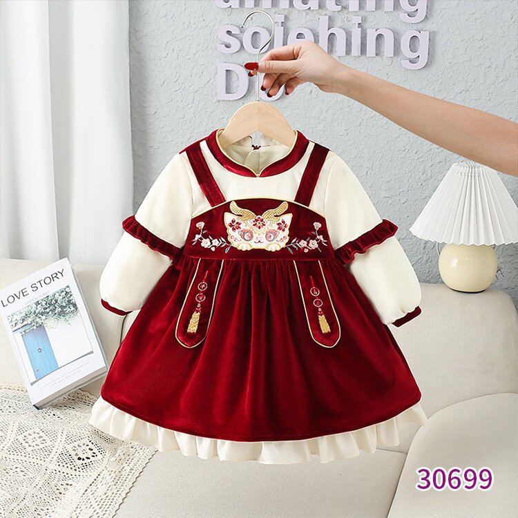 秋冬新款童装冬季厚款女童连衣裙丝绒儿童生日礼服加绒拜年服裙子