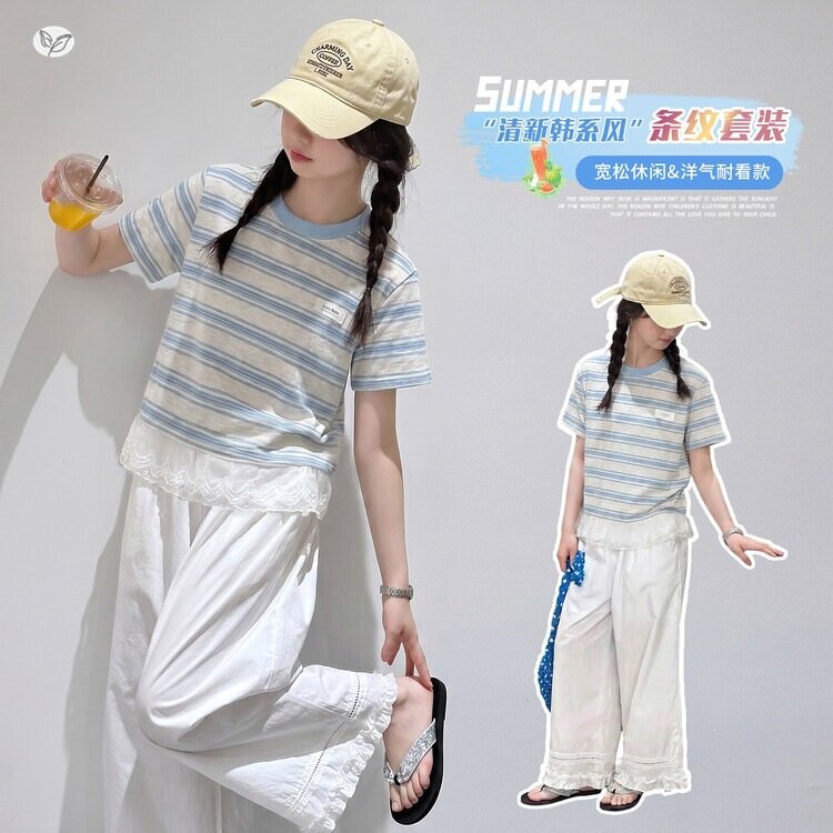 女童2026年夏季休闲蓝色短袖套装中大童花边裤脚阔腿裤直筒防蚊裤