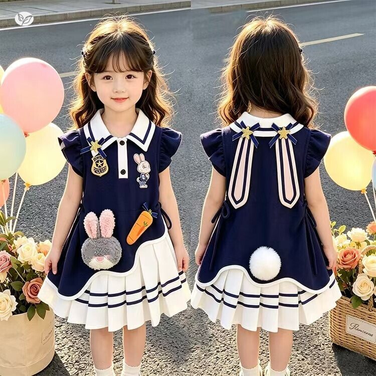 女童2026夏季新款中大童假两件连衣裙polo领卡通贴布T恤裙百褶裙