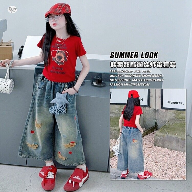 女童2026年夏季新款毛巾绣牛仔九分裤套装中大童韩版印花短袖T恤