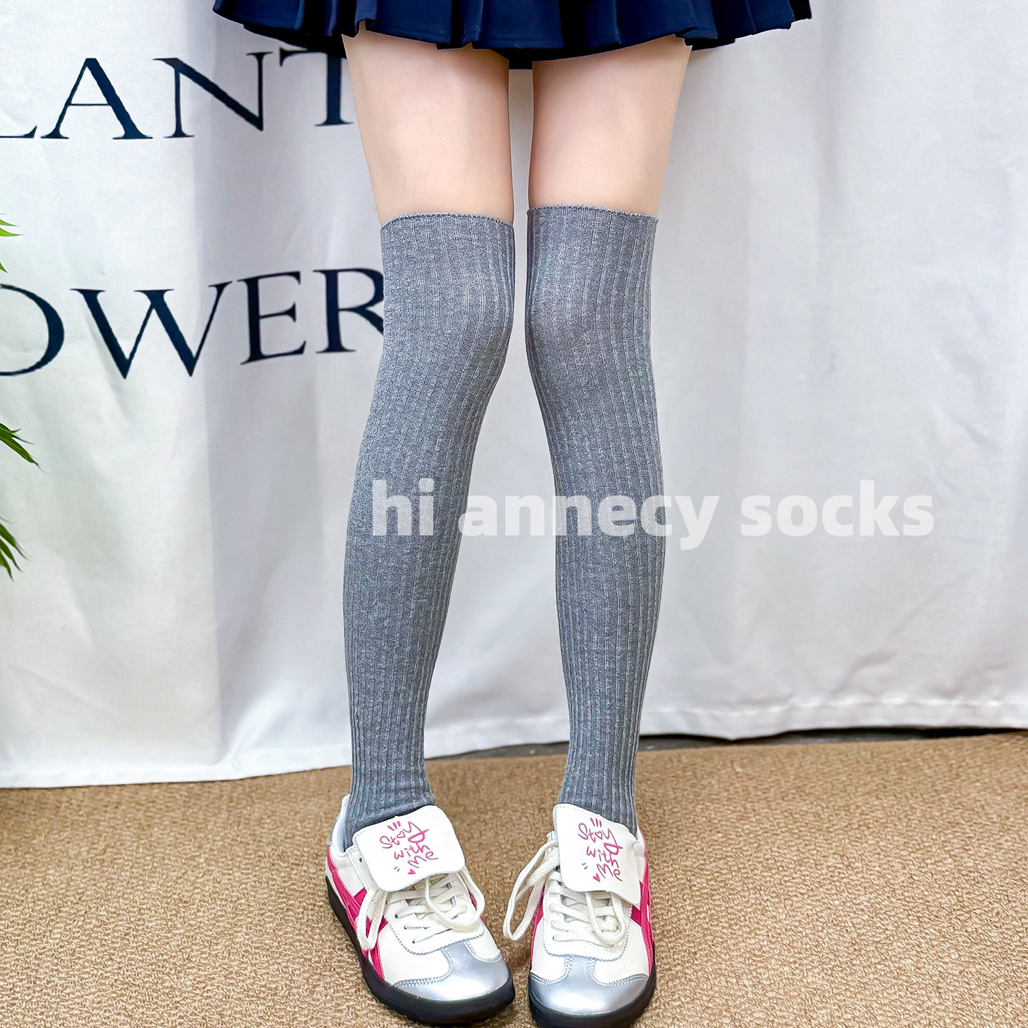 灰色过膝袜子女纯棉长筒袜洛丽塔