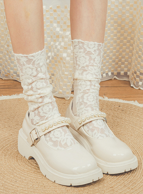 袜子女蕾丝袜春夏超薄网眼袜中筒堆堆袜复古花纹配玛丽珍鞋袜