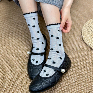袜子女配乐福鞋的袜子ins潮流百搭小花日系中筒袜