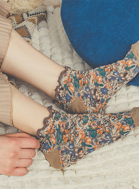 春夏季森系低帮浅口船袜日系花边纯棉短袜银丝复古碎花皮鞋袜子女