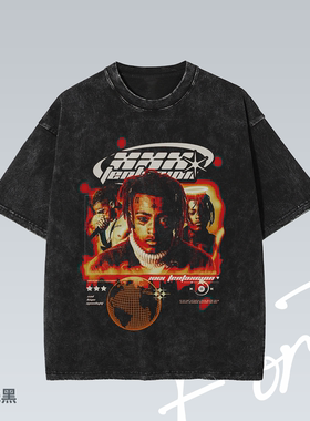 XXXTentacion 说唱落肩做旧街头个性潮流印花重磅T恤男女宽松短袖