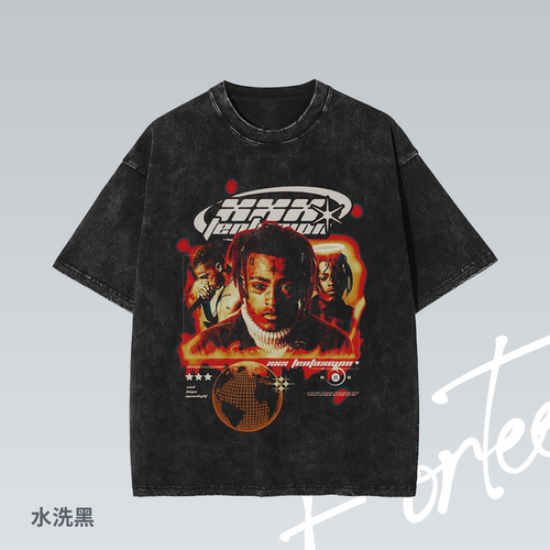 XXXTentacion 说唱落肩做旧街头个性潮流印花重磅T恤男女宽松短袖