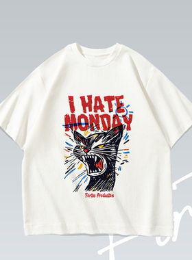 我恨周一  I Hate Monday 趣味复古做旧纯棉宽松短袖 T恤男女情侣