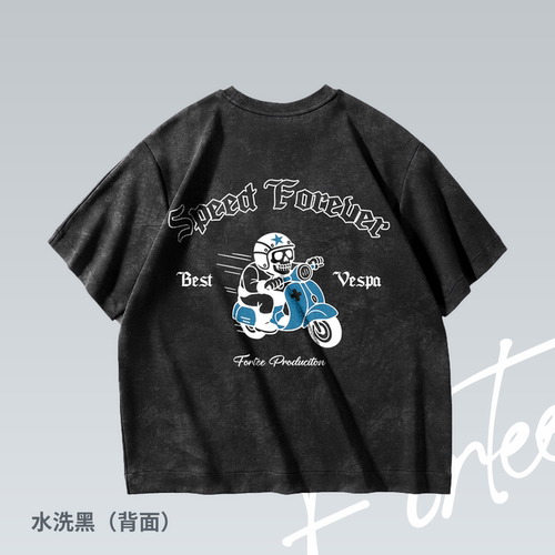 Fortee 速度永恒 Vespa骑行水洗落肩潮流印花重磅T恤男女宽松短袖