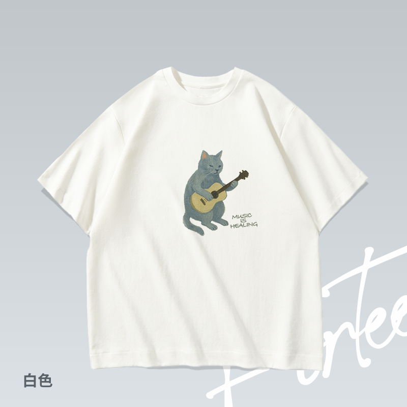 吉他小猫情绪化美式趣味音乐落肩印花原创T恤男女百搭宽松短袖