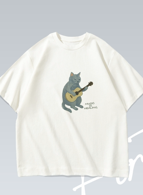 吉他小猫情绪化美式趣味音乐落肩印花原创T恤男女百搭宽松短袖