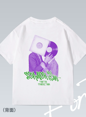 黑胶情侣 街头美式潮牌街头落肩潮流印花重磅T恤男女宽松纯棉短袖