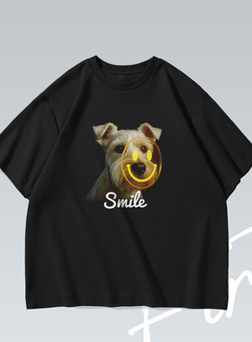 狗狗笑脸美式vintage落肩水洗个性潮流印花趣味T恤男女宽松短袖