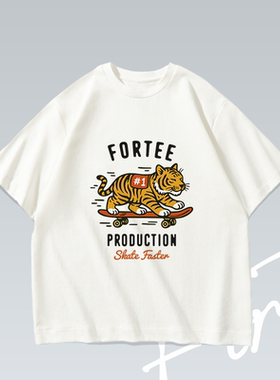滑板虎美式滑板vintage潮流落肩水洗印花原创T恤男女百搭宽松短袖